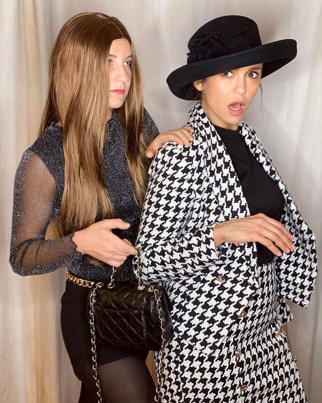 Nina Dobrev dressed up as the infamous Chanel runway show crasher during Paris Fashion Week, while friend Lane Cheek came dressed as Gigi Hadid.