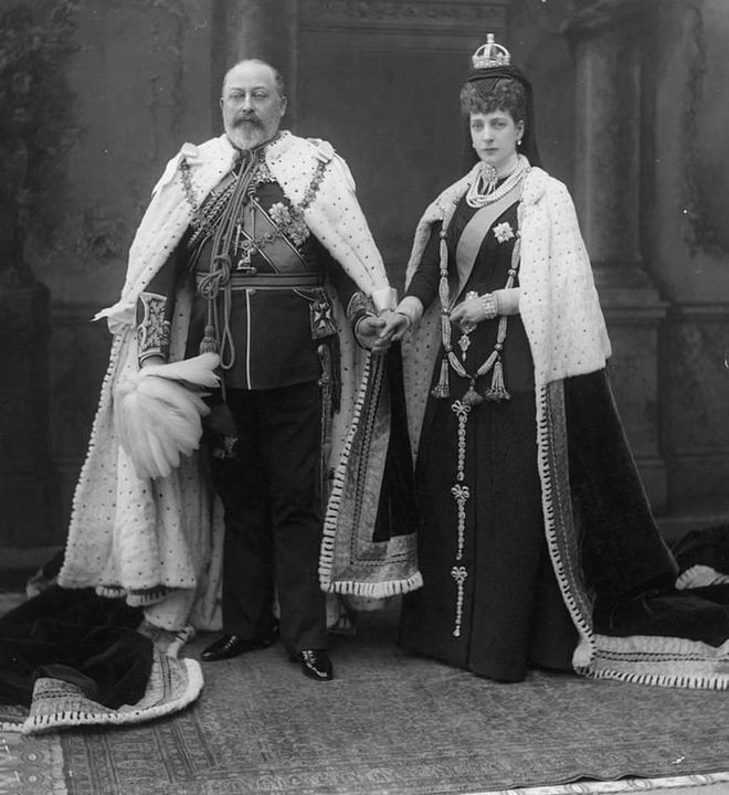 King Edward VII, who ruled from 1901 to 1910, and Queen Alexandra are Queen Elizabeth II's great grandparents. Here, the couple poses at the State Opening of Parliament in London in regalia. Like her in-laws, Queen Alexandra was also an avid fan of photography.