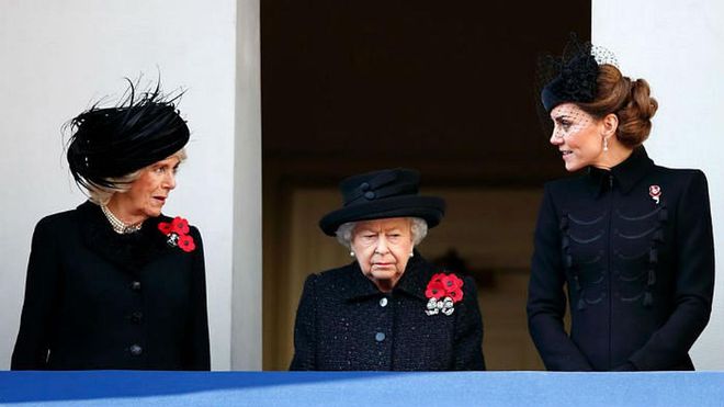 Camilla and Kate share a moment during the Remembrance Sunday memorial service.

Photo: Getty