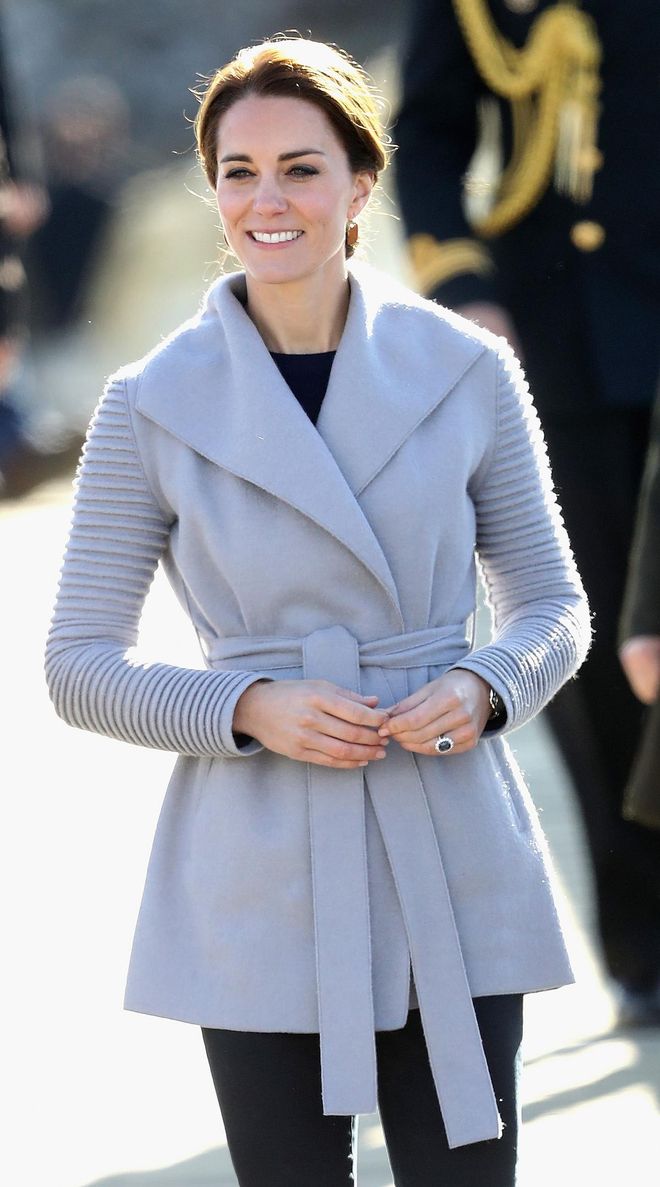 A closer look at the Duchess's impeccably stylish grey coat. Photo: Getty