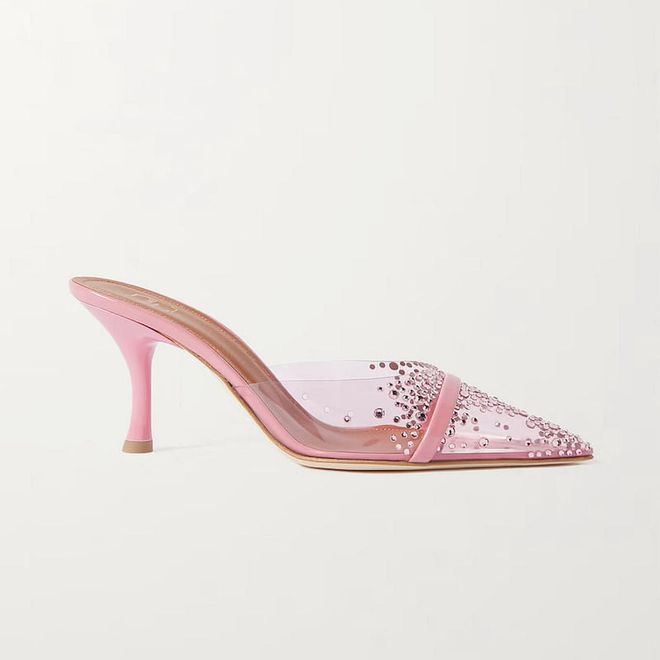 Joella 70 Crystal-Embellished PVC and Patent-Leather Mules, $893, Malone Souliers at Net-a-Porter