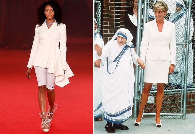 Diana wore white for black die, daytime and casual weekend activities, but for Off-White's finale, Virgil Abloh decked Naomi Campbell in an amazing ivory evening coat, paired with cycling shorts and a sexy lace-up, perspex-covered heel. This was Princess Di 2.0 at its finest, pairing her activewear with inspiration from her most stately of looks and daring accessories. Photo: Getty 