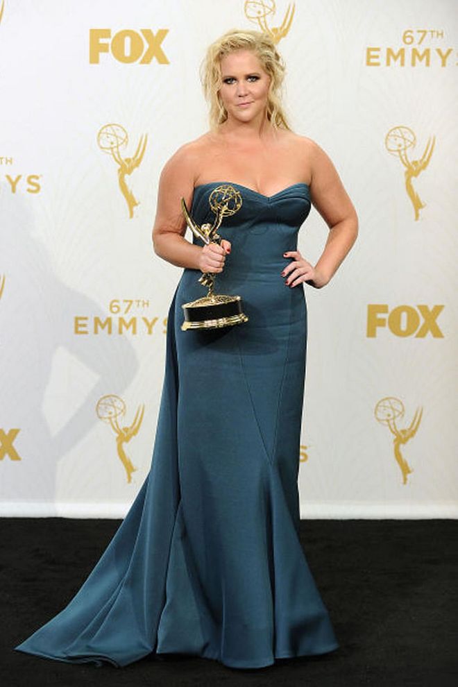 Schumer wore this dark teal dress when she won an Emmy in 2015 for Outstanding Variety Sketch Series for Inside Amy Schumer.
