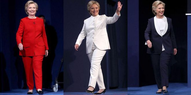 Though there was too much at stake during the 2016 presidential election to discuss fashion, we couldn't help but notice the subtle theme of Hillary Clinton's debate night looks. The Queen of Pantsuits didn't stick to the "Democratic blue" dress code but instead opted for a more patriotic theme by wearing a red suit, a white suit and a blue suit to each of the debates. The Democratic candidate's winning suits were all by American designer Ralph Lauren.