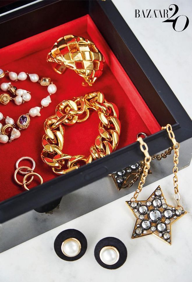 Lee’s jewel box with a trove of jewellery, including a bangle and earrings from Chanel Haute Couture, a CELINE bracelet, a Lanvin necklace, Charlotte Chesnais rings and a custom pearl necklace.