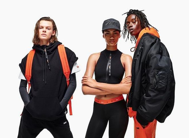 From models left to right: short-sleeve hoodie, £219.95; backpack, £249.95; crop top, £62.95; leggings, £89.95; baseball cap; bomber crew jacket, £229.95.

Photo: Courtesy 