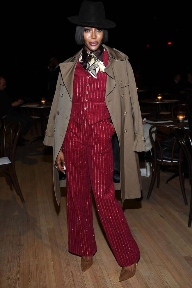 Naomi Campbell in a pinstripe suit for the Marc Jacobs show.

Photo: Dimitrios Kambouris / Getty