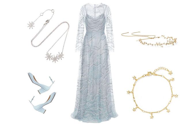 Clockwise from top left: silver-plated cubic zirconia necklace, $265, Kenneth Jay Lane at Net a Porter; embellished gown, $43600, Valentino at MyTheresa; gold-plated Swarovski crystal headband, $726, Jennifer Behr at Net a Porter; gold-plated cubic zirconia bracelet, $289, Iam by Ileana Makri at Net a Porter; patent leather pumps, $1033, Valentino at Net a Porter.