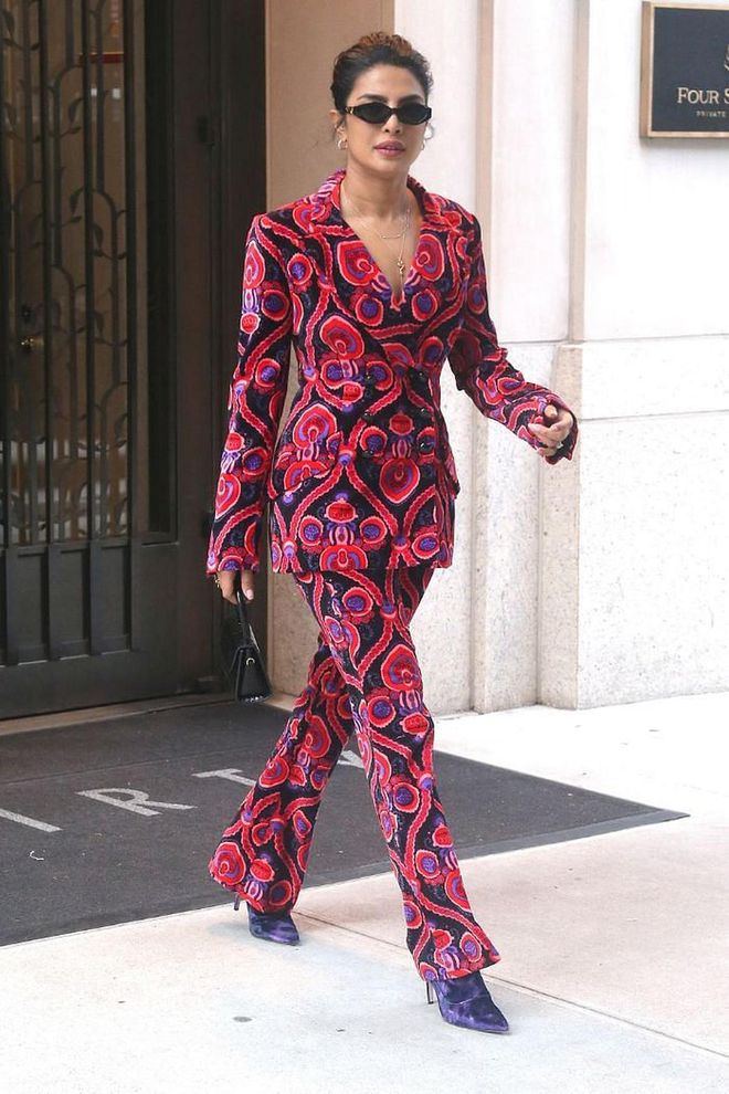 In a colorful paisley suit by Anna Sui while out in New York.

Photo: Splash News