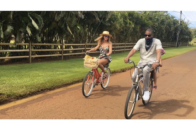 Let Bey, Jay and Blue give you all the family vacation goals as the trio touches down for a trip in Hawaii including bike rides, ocean swims and plenty of Lemonade references. Photo: Beyonce.com