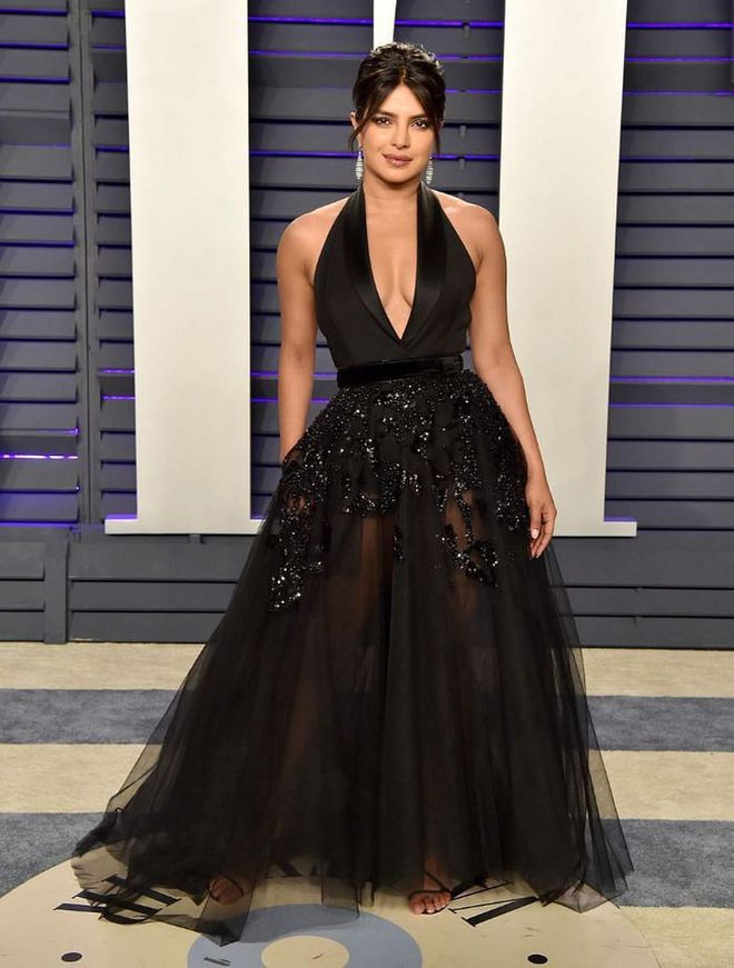 In a black sparkling halter gown by Elie Saab at Vanity Fair's Oscars after-party.

Photo: Getty