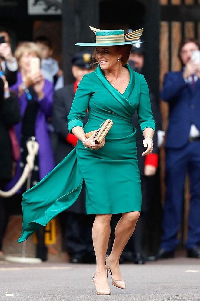 Mother of the Bride Sarah "Fergie" Ferguson arriving in an emerald green dress and hat.