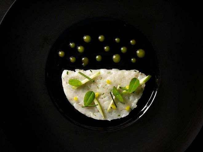 Langoustine Tartare Artichoke Espuma Green Apple Pistachio Caviar