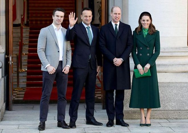 Ireland's prime minister, Leo Varadkar, and his partner, Matthew Barrett, meet with William and Kate at the Government Buildings in Dublin.

Photo: Getty