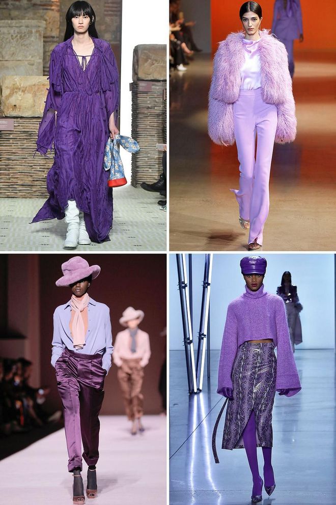 Purple has long been a polarizing color among the fashion set, but it's staging a triumphant comeback in all shades this season. From pastel lilacs to deep violets and all that's in between, purple hit the fall 2019 runways in dress, coat, sweater, and even hat form. For a softer take on the trend, opt for a shade of lavender or lilac.

Clockwise from top left: Lanvin, Cushnie, Sally LaPointe, Tom Ford. Photo: Getty