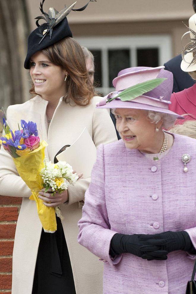 Princess Eugenie and the Queen leave Saint George's Chapel on Easter Sunday. Photo: Getty
