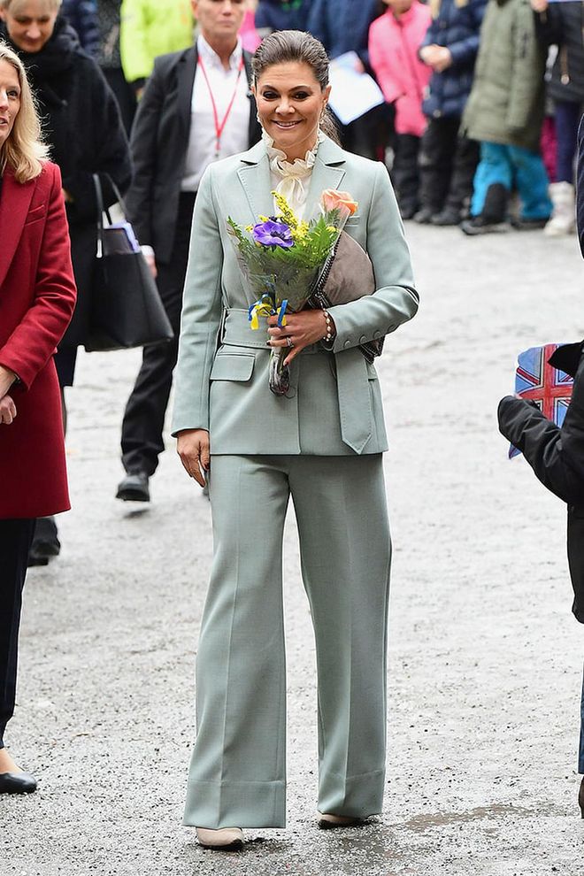 Princess Victoria wore wide-leg suit paired with a ruffled high-neck blouse. Photo: Getty
