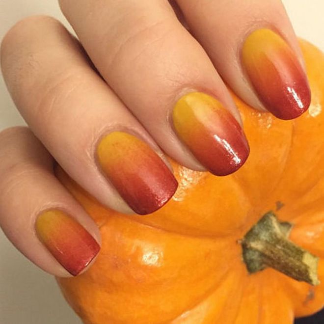 Plain old pumpkin is passé, so Seattle-based manicurist Cassandre Banel (@cassandre_marie) used a shade like the deep melon Butter London Tiddly to paint this faded version. 