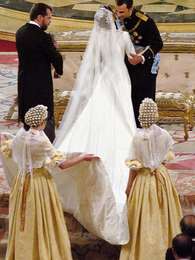 Letizia Ortiz walked down the aisle with her father, Jesus Ortiz, when she married Felipe, Prince of Asturias (now King Felipe VI of Spain) on May 22, 2004.

Photo: Getty