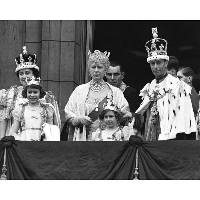 Queen Mary wears the crown as a circlet at the 1937 coronation of her son, King George VI.