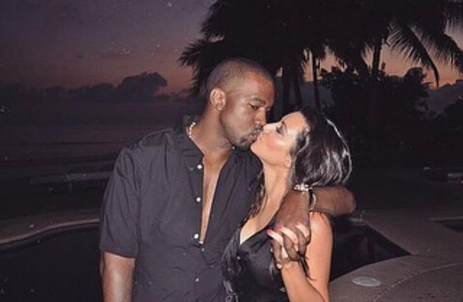 Kim K shared a slideshow of two throwback snapshots of herself and husband Kanye West. The first pic shows the couple kissing with a sunset in the background while the second is a selfie of them flashing big smiles. 

"Happy Valentines Day babe!!! I love you so much! 🥰," the KKW Beauty creator wrote.
