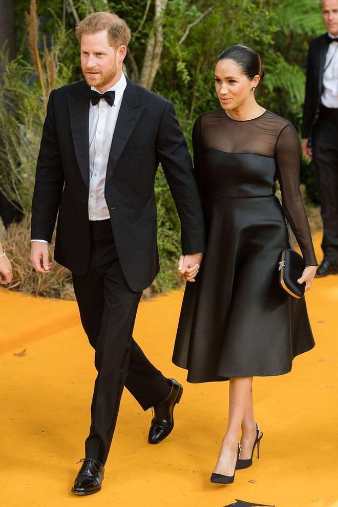 The royals walked the red carpet together at the London premiere of The Lion King, where they met with Beyoncé & Jay-Z, as well as Elton John. Meghan, in her first red-carpet appearance after giving birth, wore a black Jason Wu dress with timeless Aquazzura slingback pumps, while Harry was dapper in a tux and bow-tie.

Photo: Getty