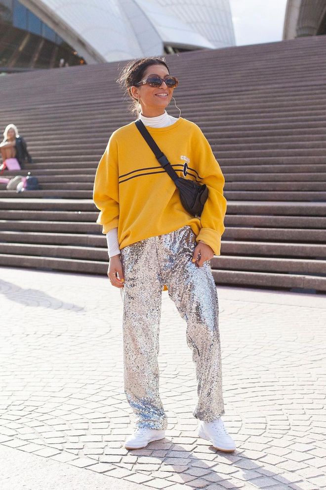 Guest wearing sequin pants. Photo: Getty 