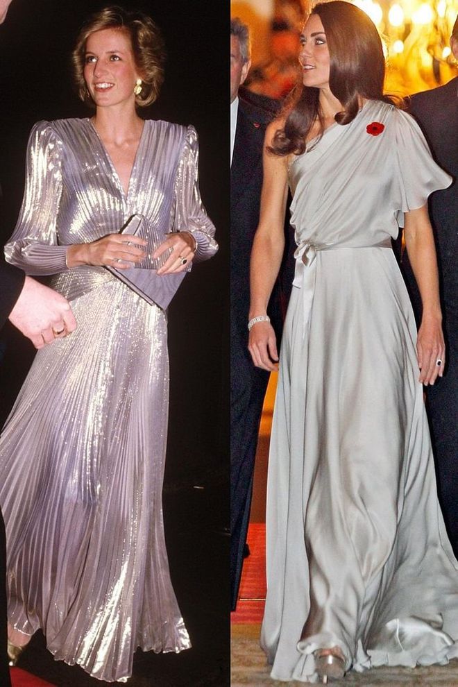 Diana in Bruce Oldfield at the Grosvenor House Hotel in London in March 1985; Kate in Jenny Packham at the National Memorial Arboretum Appeal at St James's Palace in London in November 2011.
