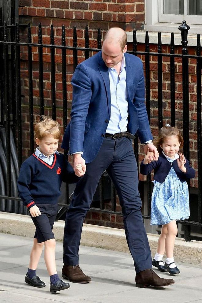 Prince William escorts Prince George and Princess Charlotte to the Lindo Wing after Kate Middleton gave birth to their newest sibling, Prince Louis, on April 23, 2018.

Photo: Getty