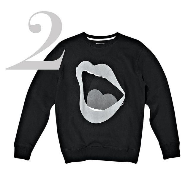 This sweater brings new meaning to the phrase “mouth agape.” With a generously sized icon of an open mouth emblazoned across its front, this is one piece that will get those heads turning.
