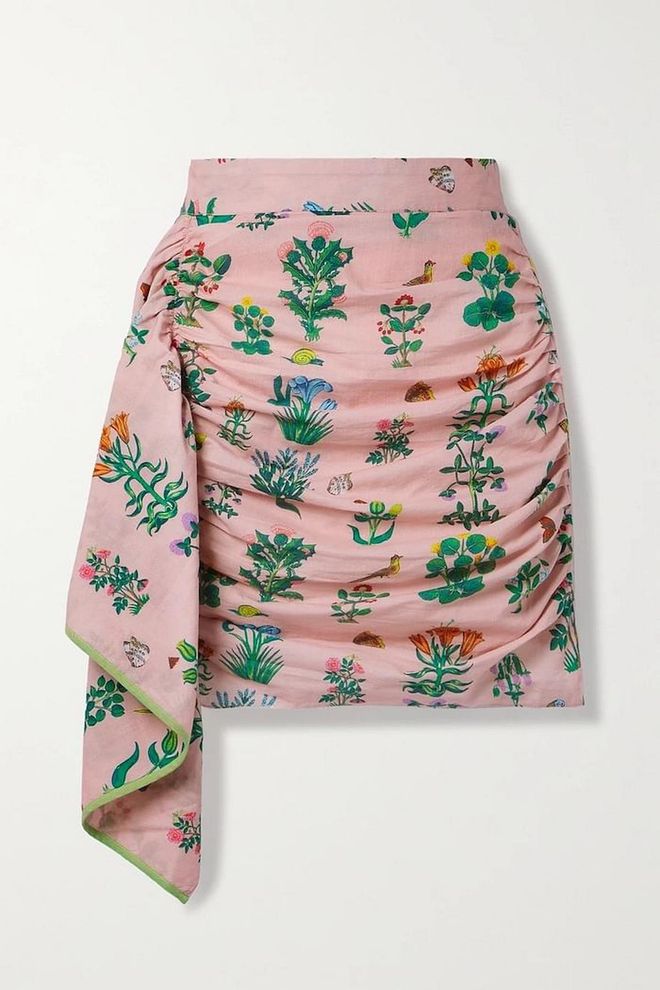 Hannah Draped Ruched Printed Cotton Mini Skirt, S$352, Rhode from Net-A-Porter