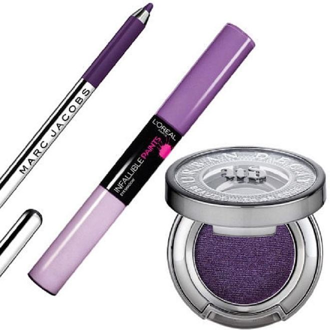 From left: Marc Jacobs Beauty Highliner Gel Eye Crayon Eyeliner in (Plum) Age, $25, sephora.com; L'Oréal Paris Infallible Paints Eyeshadow in Shady Violet, $9, lorealparisusa.com; Urban Decay Eyeshadow in Vice, $19,