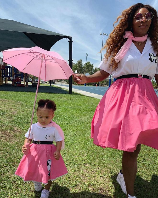 Tennis pro Serena Williams and 19-month-old daughter Alexis Olympia Ohanian, Jr. looked pretty in pink in matching white blouse tops, pink flared skirts and chiffon pink scarves.

Photo: Instagram