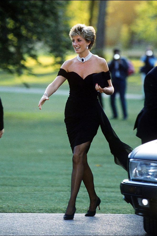 On the night of June 29, 1994, Prince Charles confessed on national television that he had cheated on Princess Diana during their marriage. (Though they had been separated since 1991, they were not yet divorced.) That very day, his estranged wife made a scheduled public appearance at London's Serpentine Gallery. She stepped out of her car wearing an off-the-shoulder bodycon mini dress with a sweetheart neckline designed by Christina Stambolia. Diana chose to wear the dress at the last minute; she had previously thought it indecent. It later became known as her "Revenge Dress."