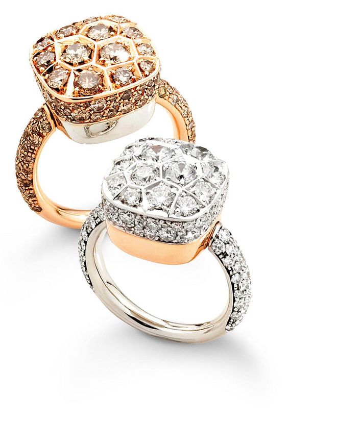 Nudo Solitaire rings in rose gold and white gold with brown diamonds. Photo: Pomellato