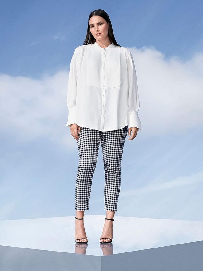 Women's Plus White Button Down, $30, and Women's Plus Blue and White Pants, $30. Photo: Target 