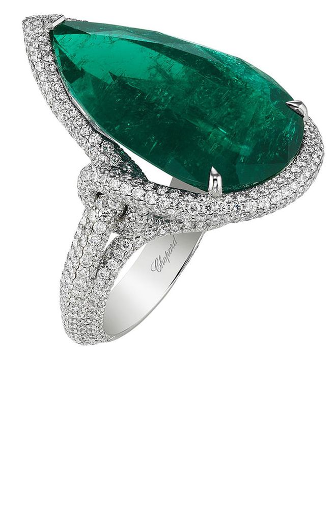 Emerald and platinum pave pear-shaped ring, price upon request, chopard.com.
