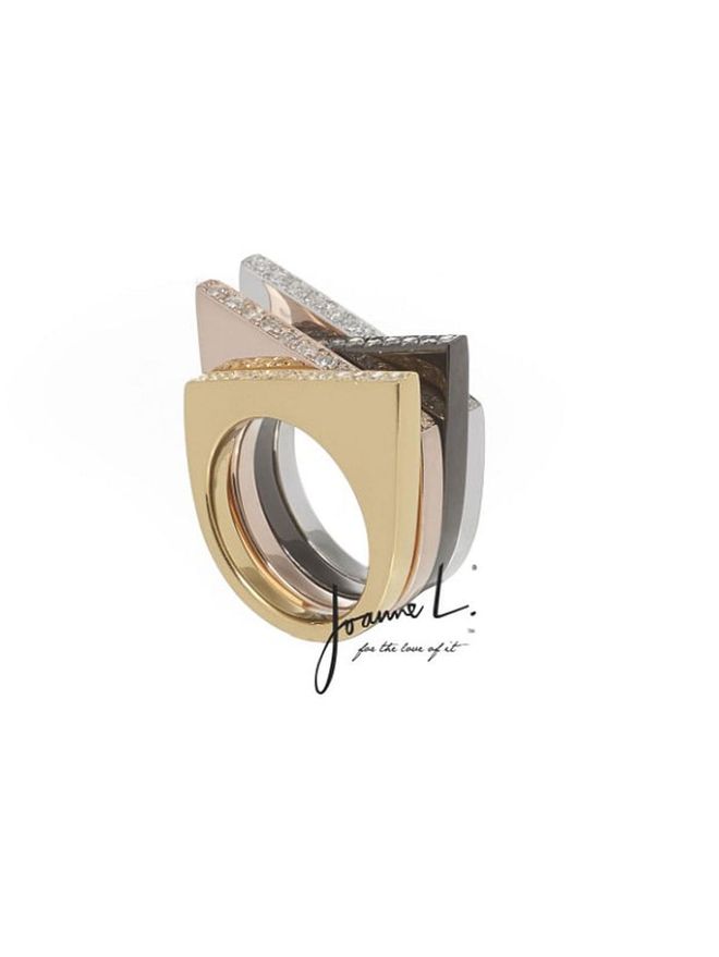 Singapore Jewellery Designer Joanne 's Toast ring stack in rose, white, and yellow gold plating with topaz