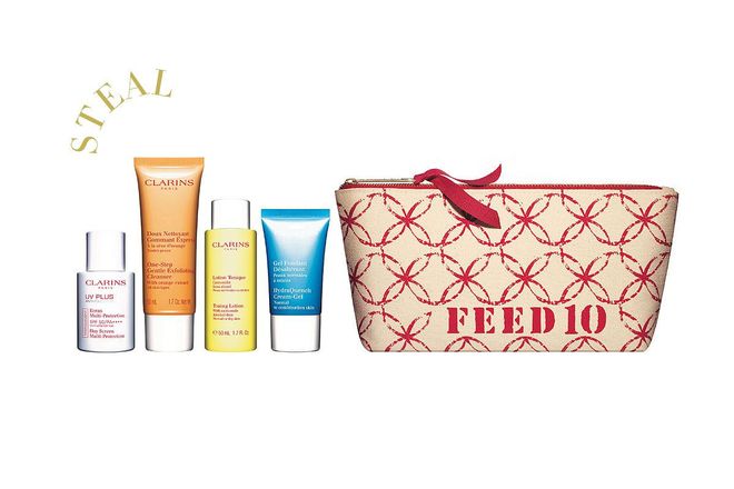 For the price of a full-sized UV Plus Anti-Pollution SPF 50/PA++++ (choose from Blue, Pink or Neutral), you receive three additional deluxe sizes and in addition, Clarins also pays it forward as each set sold provides 10 school meals for children around the world under the United Nations World Food Programme.  