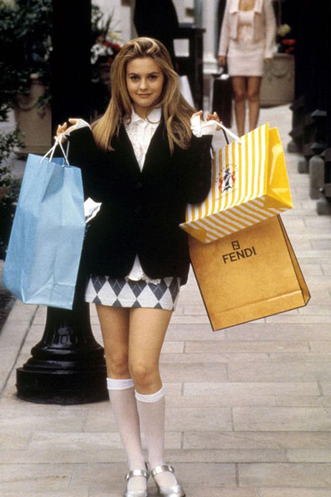 Plaid Mini Skirt + White Blouse + Cardigan + Knee Socks + Loafers + Shopping Bags = Cher Horowitz