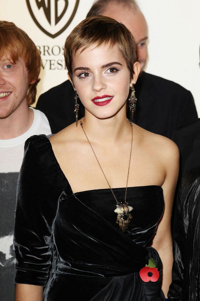 R.I.P. Watson's gorgeous pixie cut, featuring these adorable piece-y, super short strands.  Photo: Getty