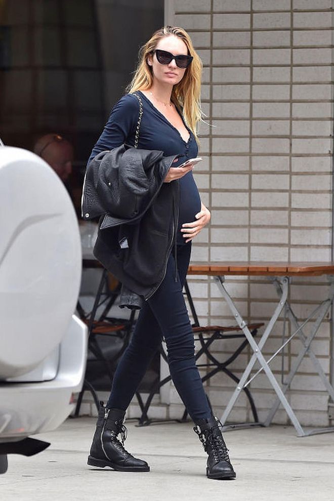 Candice also demonstrated that a leather jacket, jeans and biker boots can work just as well when you're pregnant. Photo: Getty