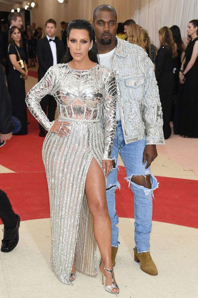 At this year's Met Gala, Kimye took the "Fashion In An Age Of Technology" theme to the future in coordinating silver Balmain looks. Photo: Getty