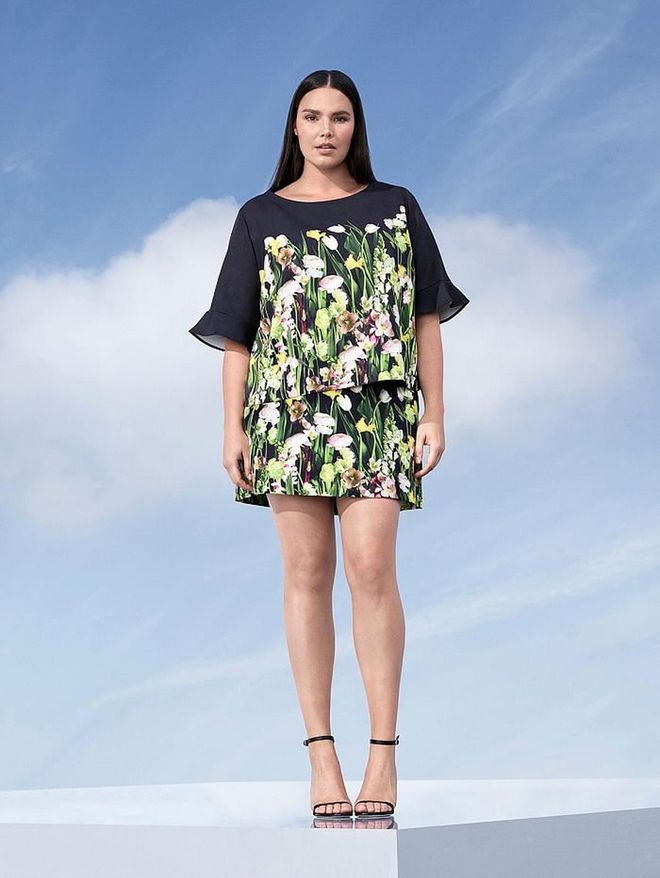 Women's Plus Black Satin Floral Top, $28, and skirt, $30. Photo: Target