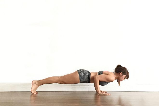 The Chaturanga is one of the most fundamental movements in Yoga. It is a pushup with elbows grazing the sides of the ribs held at 90 degrees. Practitioners looking to build strength can start off by placing their knees on the mat and having their body kept in a plank position, whereas Intermediate to Advanced practitioners can experiment with knees off the mat and lengthening their time in Chaturanga by a few more breaths.