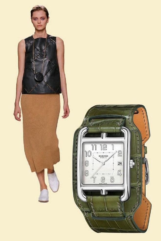 Hermès won the 2017 runway with its edgy take on an otherwise neutral palette. Textured cuts and classic lines offset army green and rich tan colors in both its fashion and accessories lines.

Cape Cod Veronese Green Alligator "Bracelet de Force", $4,000, hermes.com