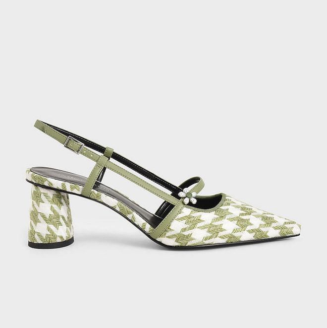 Houndstooth Flower Embellished Slingback Mary Janes, S$53.90, Charles & Keith