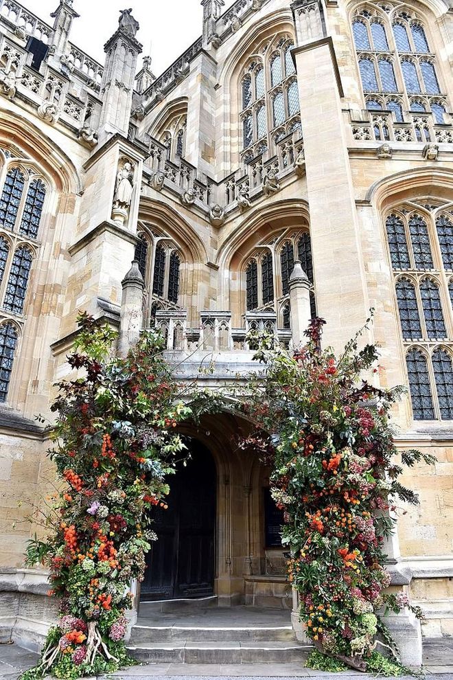 The entrance to St. George's Chapel decorated with beautiful fall colored floral arrangements.