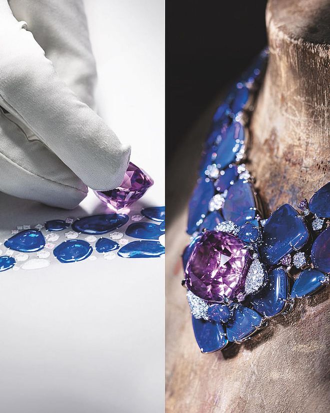 The making of the Hemis necklace with its 71.08-carat cushion-shaped kunzite. (Photo: Cartier)