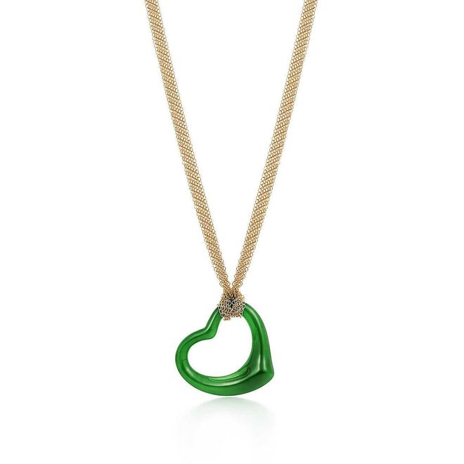  Tiffany & Co - Gold and green jade Open Heart pendant necklace